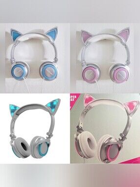 Sharper Image - Pink/Blue Cat Ear LED Light Up Audio Headphones
